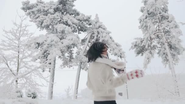 Mooie gelukkig, glimlachen meisje op straat sneeuwvlokken vangen en vreugdevol springen rond en kijken in de camera. Sneeuwval Kerstmis, Nieuwjaar — Stockvideo