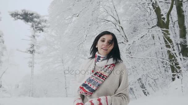 Close-up of a young brunette woman who looks into the camera on a frosty winter day and who walks in a snow-covered forest in a stylish wool sweater, warm scarf and knitted mittens — Stock Video