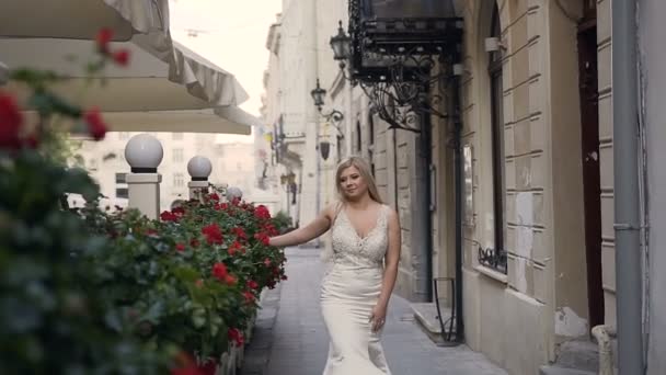 Σέξι ξανθιά με όμορφο λευκό μακρύ φόρεμα με μακριά μαλλιά που πηγαίνει κάτω από παλιά πόλη στους δρόμους και χέρι αγγίζει τα κόκκινα λουλούδια που τα αγγεία. Καλοκαιρινό πρωί, Ανατολή — Αρχείο Βίντεο