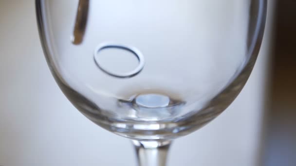 Close-up Dos anillos de boda en una copa de champán. Símbolo de amor de dos corazones. Día de la boda — Vídeo de stock