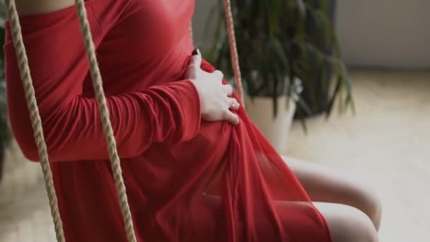 Une charmante fille enceinte dans une longue robe rouge se balançant sur la balançoire et touchant son ventre. Conception de la grossesse - grossesse, bientôt mère, famille heureuse — Video
