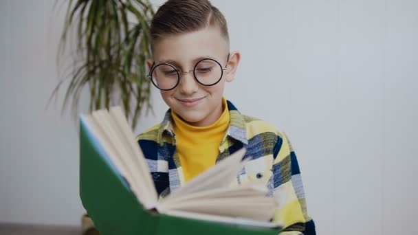 Stylowy mały uczeń w okularach z niebieskimi oczami wykonuje pracę domową w domu z książką śmieszne. Uczeń odczytuje schoolbook siedzi w pobliżu biała ściana. Białe tło — Wideo stockowe