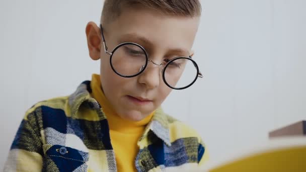 Портрет стильного мальчика, который носит круглые очки и делает заметки в блокноте. Крупным планом у красивого мальчика в очках есть копия. Стильная блондинка, маленький мальчик, ученик, школьник, ученик — стоковое видео