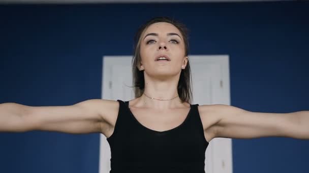 In gym young woman trains the arm muscles with two pink dumbbells. exercises. Fitness muscled woman in black sport clothing workout in gym — Stock Footage In gym young woman trains the arm muscles with two pink dumbbells. exercises. Fitness muscled woman in black sport clothing workout in gym Royalty Free Stock Footage