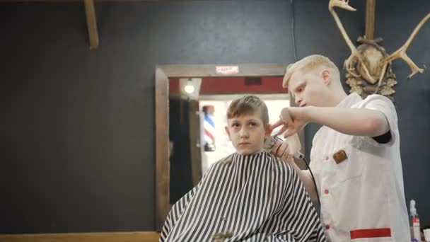 Um cabeleireiro profissional faz um novo corte de cabelo para o menino. Durante os cortes de cabelo, ele usa um barbeador elétrico e um pente. O cara é corte de cabelo em um salão de cabeleireiro mans — Vídeo de Stock