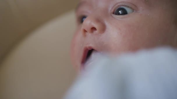 Porträt eines Neugeborenen, das auf der Krippe in einem Schlafzimmer liegt. Nahaufnahme, das Gesicht eines 2 Monate alten Jungen — Stockvideo