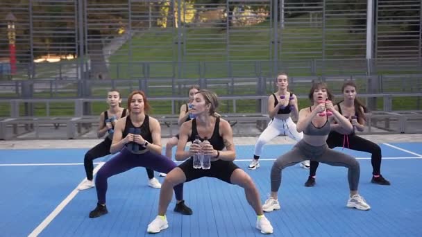 Front view of female fitness team which doing squat exercises with dumbbells on sportground surrounded green trees — ストック動画