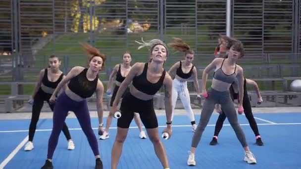 Привлекательные юные стройные девушки в спортивной одежде делают наклоны слева направо с гантелями на спортивной площадке в зеленом парке — стоковое видео