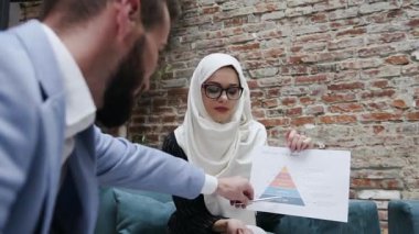 Gözlüklü, tesettürlü ve tesettürlü genç, güzel Müslüman iş kadını erkek iş ortağını dinliyor. Ofisteki mali tabloyu açıklıyor.