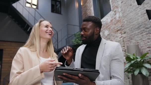 Two young responsible prospective colleagues working together in the office focusing on the task and using the computer tablet at office. Afro american and caucasian business people — Stock Video