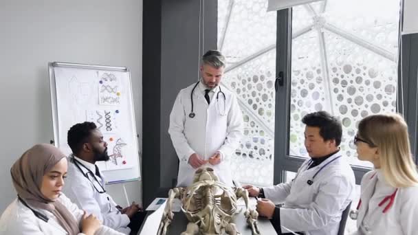 Vue de face du groupe de médecins-stagiaires attrayants multiraciaux qui écoutent l'explication du médecin-mentor qui utilise le squelette humain — Video