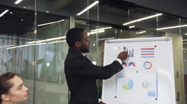 Concentrated dark-skinned businessman explaining the graphs on flip chart board during business presentatioin for considerate purposeful business people