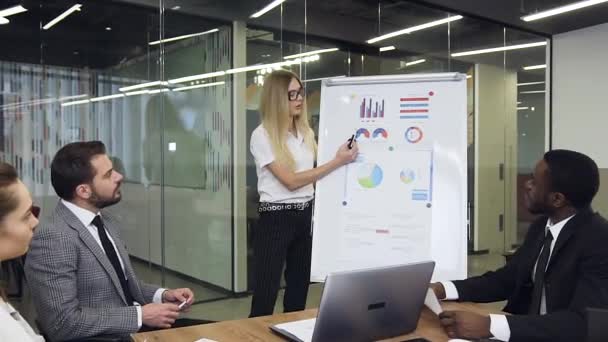 Привлекательный светловолосый бизнес-работник, объясняющий график с помощью флип-чарта для внимательных высококвалифицированных многонациональных бизнесменов в конференц-зале — стоковое видео