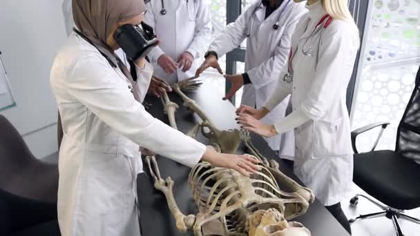 Close-up de estudantes de medicina que estudam a estrutura do homem no esqueleto, com o uso de óculos de realidade virtual — Vídeo de Stock