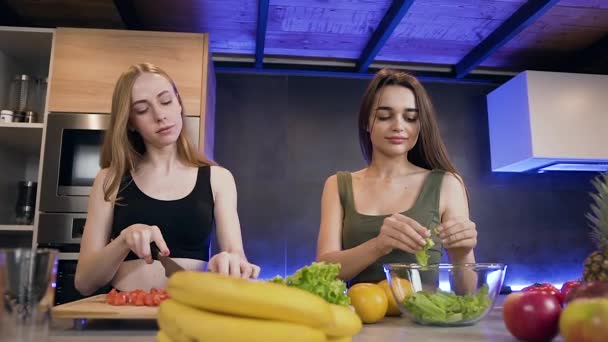 Visão dianteira de simpáticas mulheres jovens alegres satisfeitas que dão cinco altos, então abraçando um ao outro durante a preparação salada vegetal natural fresca na cozinha — Vídeo de Stock