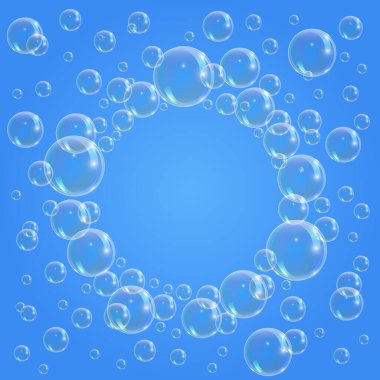 Mavi arka planda sabun köpüğü. Saydam köpük baloncuğu pankartları, sosyal medya ve baskı için harika tasarım.