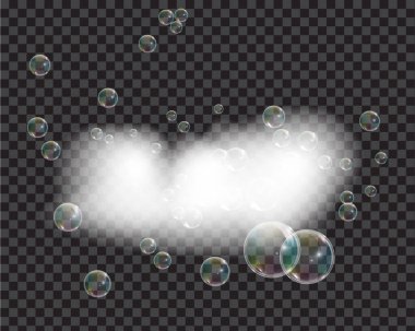 Kabarcıklı banyo köpüğü sabunu şeffaf arka planda izole edilmiş vektör çizimi. Şampuan ve sabun köpüğü vektör çizimi.