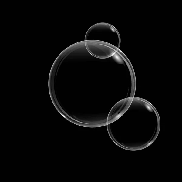 Seifenblase mit Regenbogenreflexion auf schwarzem Hintergrund. transparente Schaumstoffblase, tolles Design für jeden Zweck. — Stockvektor