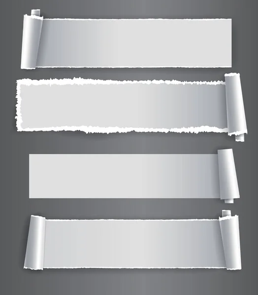 Papers strips with torn edges. Pieces of ripped white paper and soft shadow for web and print.