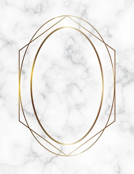 Fondo de mármol con marco geométrico dorado. Plantilla de lujo para tarjetas de invitación de boda con textura de mármol blanco y patrón geométrico dorado . — Vector de stock
