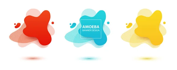 Amoeba projekt cieczy. Dynamiczne, kolorowe formy ameby. Nowoczesny szablon banera na logo, ulotkę, projekt prezentacji. Żółte, czerwone, niebieskie kolory. — Wektor stockowy