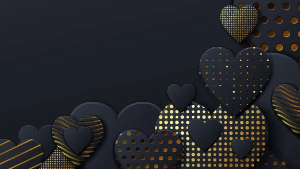 Valentines Day background with black hearts and gold pattern. Gold luxury cover on dark background. Black holidays poster, card, add, header, website, article for valentines day.