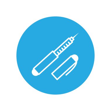 İnsülin kalem, satır simgeleri. Diyabet hastalığı ikonu, glikoz hayatı izler. Modern bilgi logosu ve pictogram.
