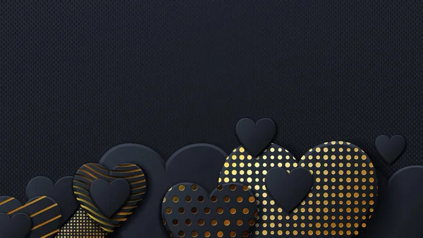 Valentin napi háttér fekete szív és arany minta. Arany luxus borító sötét háttérrel. Fekete ünnepek plakát, kártya, add, header, weboldal, cikk Valentin-nap. — Stock Vector