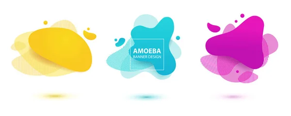 Amoeba sıvı tasarımı. Dinamik renkli amip formları. Logo, el ilanı, sunum tasarımı için modern afiş şablonu. Sarı, kırmızı, mavi renkler.