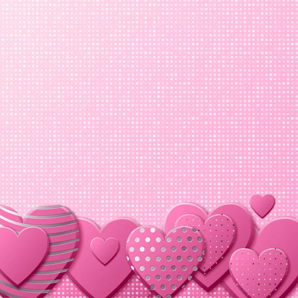 Alla hjärtans dag bakgrund med rosa hjärtan och silver mönster. Silver lyx täcka på roseate bakgrund. Rosa semester affisch, kort, lägga till, rubrik, hemsida, artikel för alla hjärtans dag. — Stock vektor
