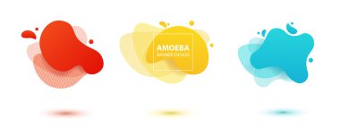Amoeba sıvı tasarımı. Dinamik renkli amip formları. Logo, el ilanı, sunum tasarımı için modern afiş şablonu. Sarı, kırmızı, mavi renkler.