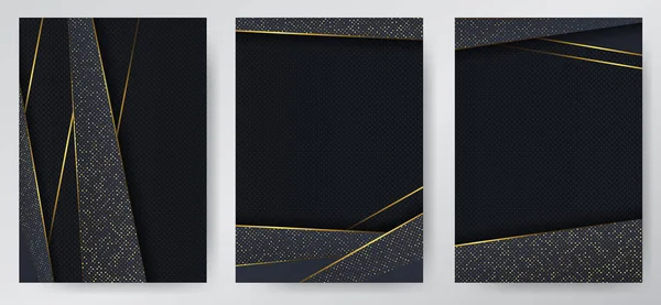ブラックの重ね合わせ層を持つカーボンラグジュアリー抽象的な背景。豪華な金色のグリッタードットで質感の炭素。パンフレット、チラシ、カタログのカバーのためのTrmplate 。背景のセット. — ストックベクタ