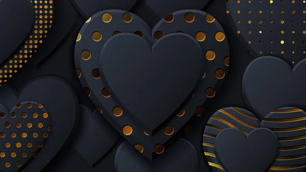 Sevgililer Günü arkaplanı, siyah kalpler ve altın desenli. Koyu arka planda altın lüks kapak. Siyah bayram posteri, kart, ekleme, başlık, web sitesi, sevgililer günü için makale.