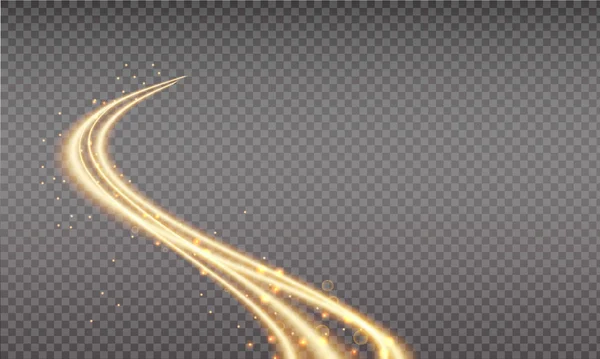 Altın şaplak, sihirli dalga. Şeffaf arkaplanda altın izleri izole edildi. Parlak bokeh ve ışıltılarla ışıltılı izler salladı. Swoosh ve saman tozu.