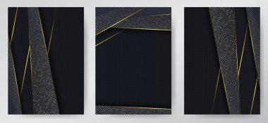 Karbon lüks soyut arka plan ve siyah örtüşen katmanlar. Lüks altın parıltılı noktalı doku karbonu. Broşür, broşür, kataloğun kapağı. Arkaplan kümesi.
