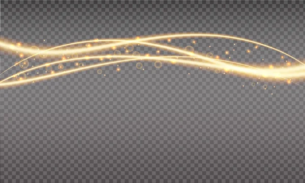 Altın şaplak, sihirli dalga. Şeffaf arkaplanda altın izleri izole edildi. Parlak bokeh ve ışıltılarla ışıltılı izler salladı. Swoosh ve saman tozu.