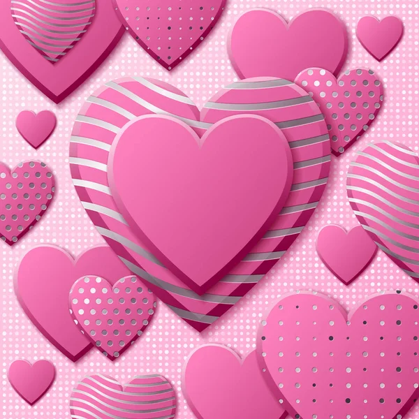 Valentin napi háttér rózsaszín szív és ezüst minta. Ezüst fényűző borító rózsás háttérrel. Rózsaszín ünnepek plakát, kártya, add, header, weboldal, cikk Valentin-nap. — Stock Vector