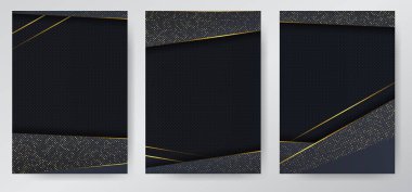 Karbon lüks soyut arka plan ve siyah örtüşen katmanlar. Lüks altın parıltılı noktalı doku karbonu. Broşür, broşür, kataloğun kapağı. Arkaplan kümesi.