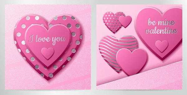 Fondo del Día de San Valentín con corazones rosados y patrón plateado. Funda de lujo plateada sobre fondo rosado. Cartel de las fiestas rosadas, tarjeta, agregar, encabezado, sitio web, artículo para San Valentín . — Vector de stock