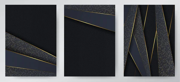 Carbon luxury abstract background with black overlap layers. Texture carbon with luxury golden glitters dots. Trmplate for cover of brochure, flyer, catalod. Set of backgrounds. — Stock Vector