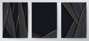 Karbon lüks soyut arka plan ve siyah örtüşen katmanlar. Lüks altın parıltılı noktalı doku karbonu. Broşür, broşür, kataloğun kapağı. Arkaplan kümesi.
