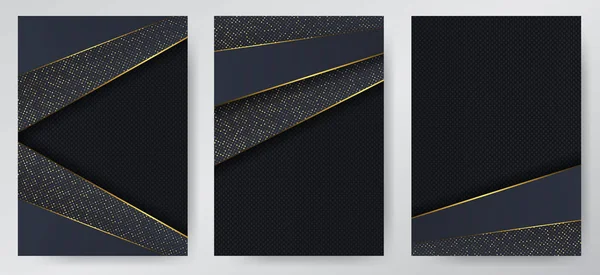 Fondo abstracto de lujo de carbono con capas negras superpuestas. Textura de carbono con lujosos puntos de brillo dorado. Trmplate para tapa de folleto, volante, catalod. Conjunto de fondos . — Archivo Imágenes Vectoriales