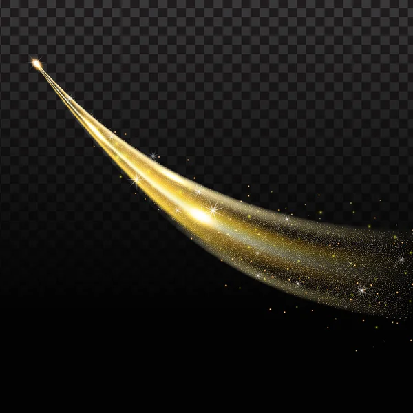 Zlatá vlna, bílá stopa komety a třpytící se zlatý hvězdný prach, efekt bokeh. Svítící vlna s jasným bokeh a jiskry stezka na průhledném pozadí pro magický design. — Stockový vektor