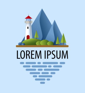 Mavi denizi, dağları, kayaları ve ağacı olan deniz feneri. Navigasyon çizimi için okyanustaki deniz feneri. Ada manzarası. Logo tasarımı.