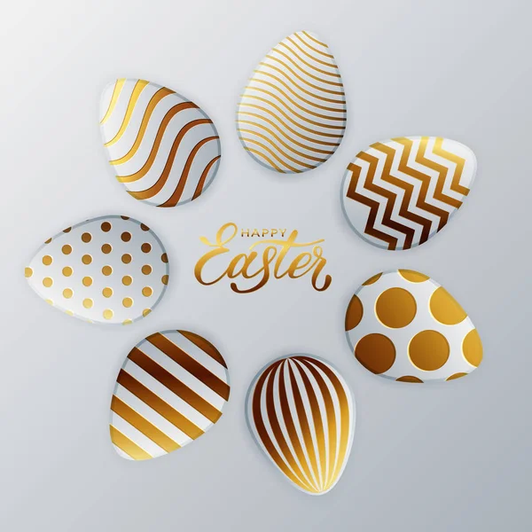 Gold easter eggs.Circle composition of golden and white egg with dot patterns, spiral and lines pattern on a dark background for design for cards, posters, invitations. Lettering Happy Easter. — Stock vektor