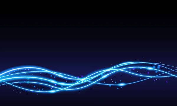 Onde de néon bleu swoosh sur fond sombre. Ondes chatoyantes avec effet de lumière et traînée de poussière étoilée. Design swoosh bleu pour le web et l'impression. — Image vectorielle