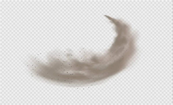 Prachový mrak, písečná bouře, prachový sprej na průhledném pozadí. Pouštní vítr s oblakem prachu a písku. Realistická vektorová ilustrace. — Stockový vektor