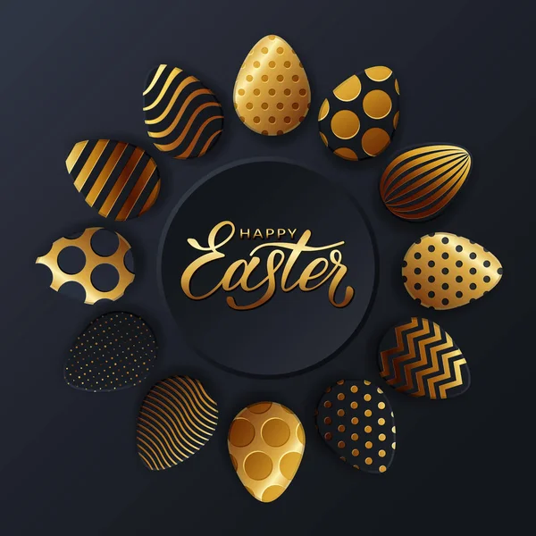 Huevos de oro, feliz Pascua. Fondo de huevo dorado y negro con patrones de puntos, espiral y líneas sobre un fondo oscuro para tarjetas de diseño, carteles, invitaciones para Pascua . — Vector de stock