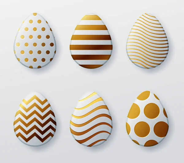 Uova di Pasqua d'oro. Set di uova dorate e bianche con motivi a punti, spirale e linee su sfondo bianco per il disegno di carte, manifesti, inviti per Pasqua . — Vettoriale Stock