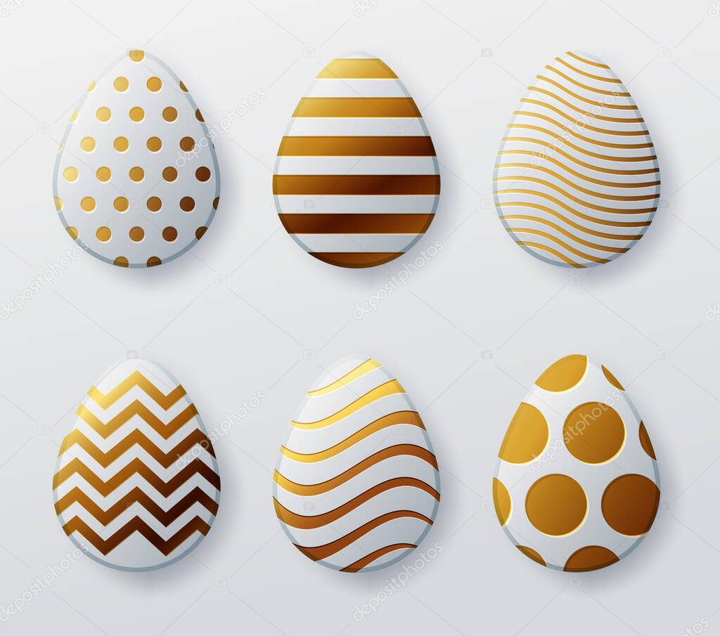 Gold easter eggs. Set of golden and white egg with dot patterns, spiral and lines pattern on a white background for design for cards, posters, invitations for Easter.